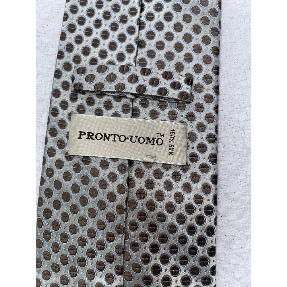 Pronto Uomo Silk Tie Brown Silver Geometric Medallion Handmade 3.5